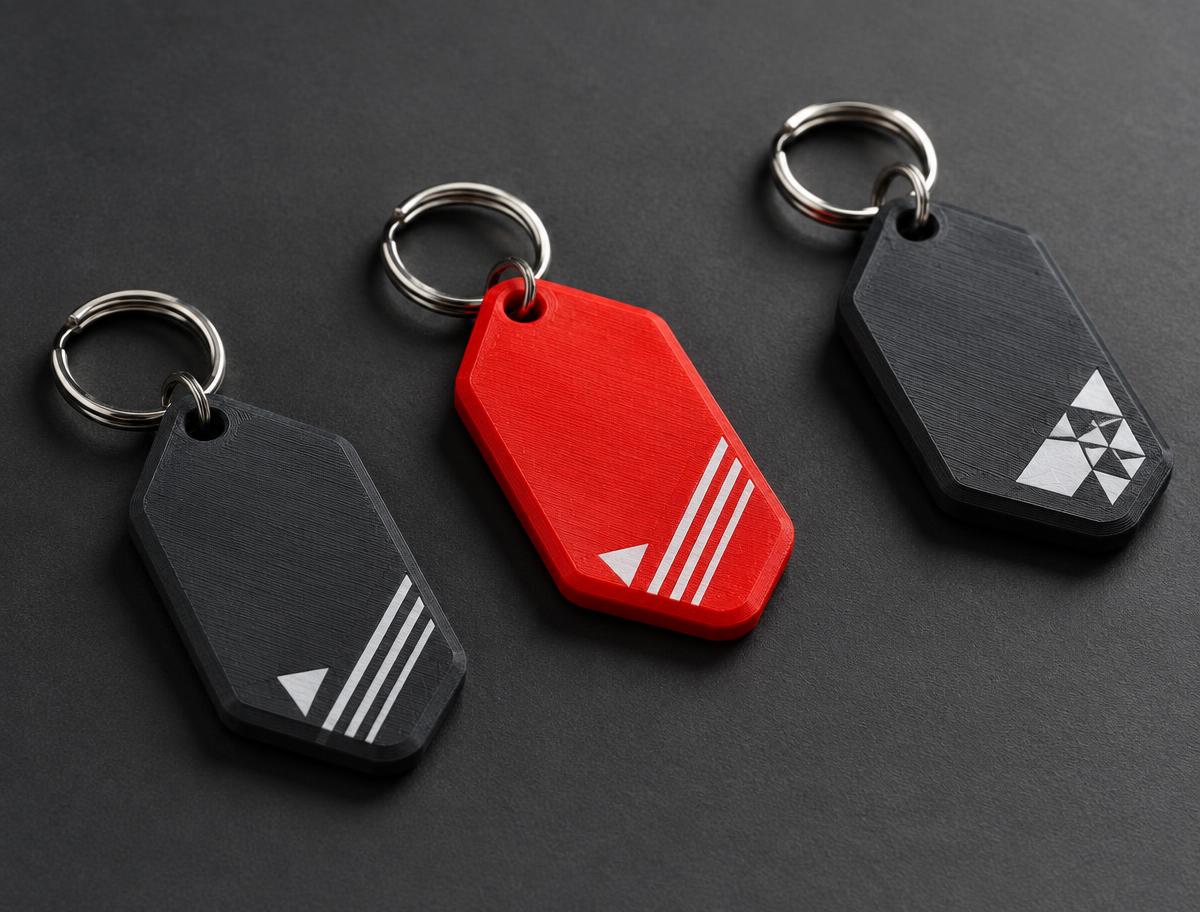 Red and graphite keychains with printed graphics